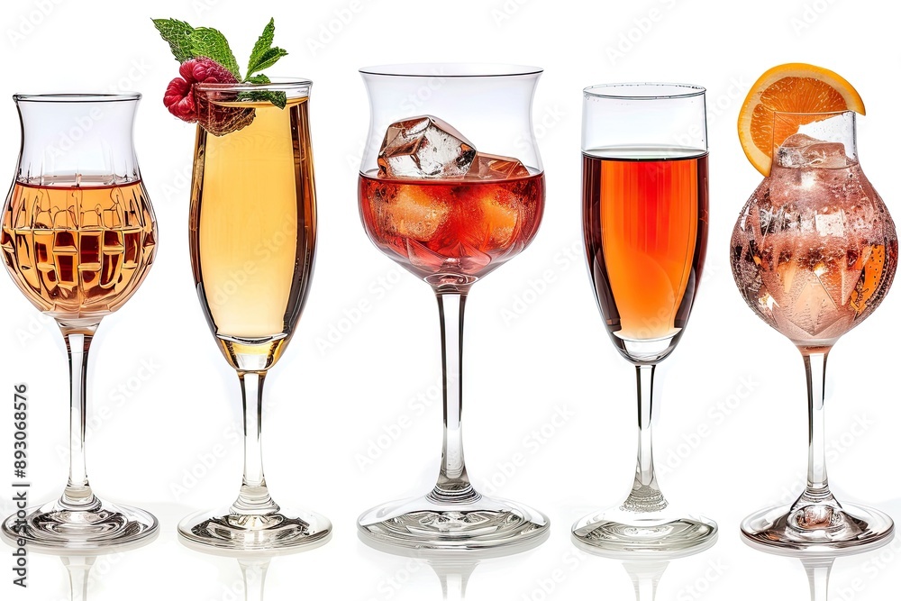 A row of five glasses filled with various drinks each featuring a unique garnish A row of five glasses filled with various drinks each featuring a unique garnish