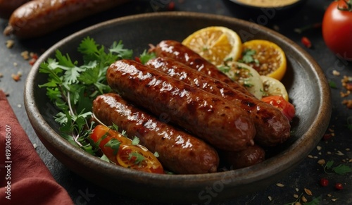 Lebanese Makanek Spiced Lamb Sausages, fresh foods in minimal style. photo