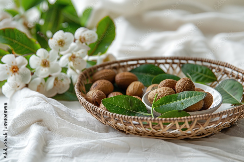 Small Wicker Basket of Longans with Green Leaves and Flowers on White Tablecloth. Vibrant Colors in Natural Light, Macro Photography Small Wicker Basket of Longans with Green Leaves and Flowers on White Tablecloth. Vibrant Colors in Natural Light, Macro Photography