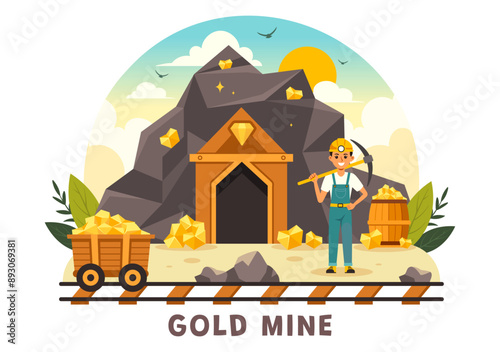 Gold Mine Vector Illustration with Mining Industry Activity Featuring Treasure, Piles of Coins, Jewelry, and Gems in a Flat Style Cartoon Background