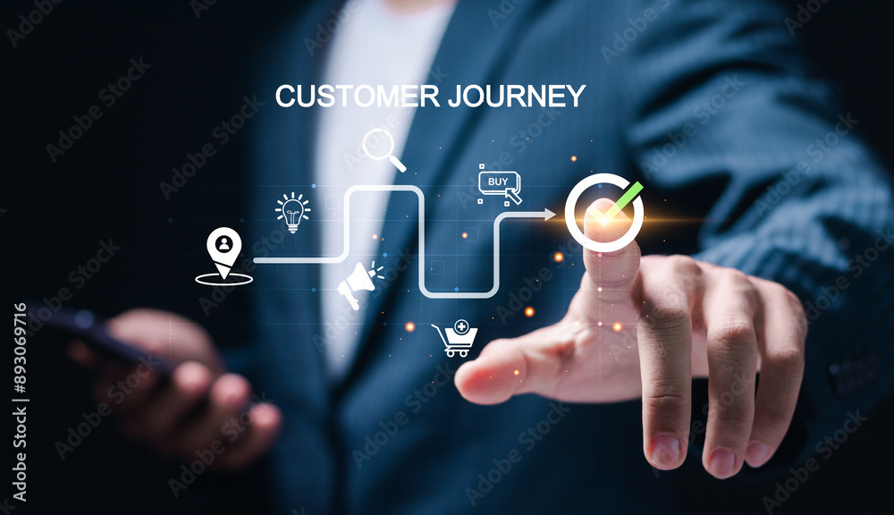 Obraz premium Customer journey concept. journey evaluation, Boost satisfaction, encourage repeat business and drive revenue growth. Businessman touching customer journey icon on virtual screen.