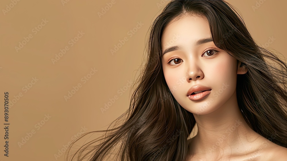 Asian beauty woman with long hair, flawless skin, Korean makeup style, isolated on beige background, cosmetology concept Asian beauty woman with long hair, flawless skin, Korean makeup style, isolated on beige background, cosmetology concept