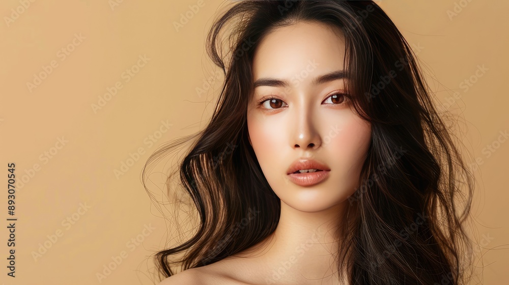 Asian woman with flawless skin and long hair, Korean makeup style, isolated on beige background, beauty and cosmetology Asian woman with flawless skin and long hair, Korean makeup style, isolated on beige background, beauty and cosmetology