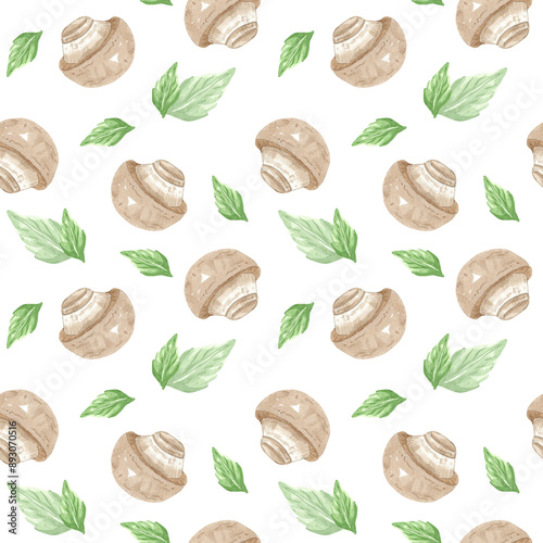 Seamless pattern from mushroom champignon, green basil, herbs. Hand drawn watercolor illustration on white background. Template for design menu, textiles, printing, packaging.