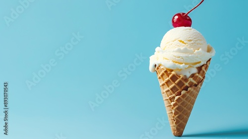 Vanilla Ice Cream in a Waffle Cone Bowl wiht a Cherry on Top on blue background photo