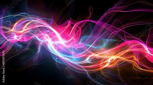 an abstract design of swirling, glowing lines in orange, yellow, and blue on a black background.
