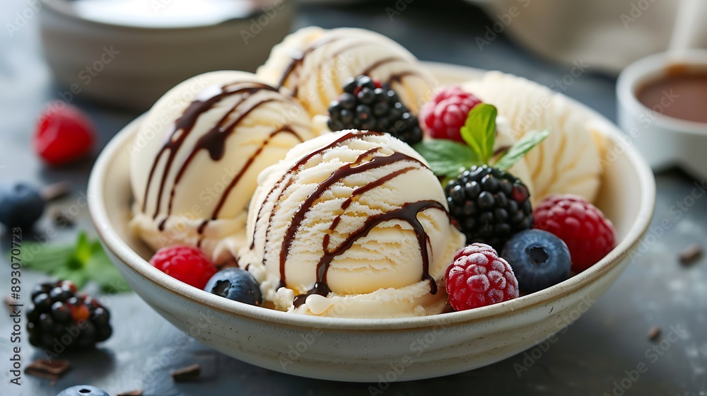 Vanilla ice cream scoops in a bowl with fresh berries and chocolate syrup Vanilla ice cream scoops in a bowl with fresh berries and chocolate syrup