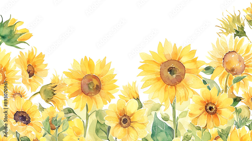 Obraz premium 白背景にたくさんのひまわりの水彩イラスト背景