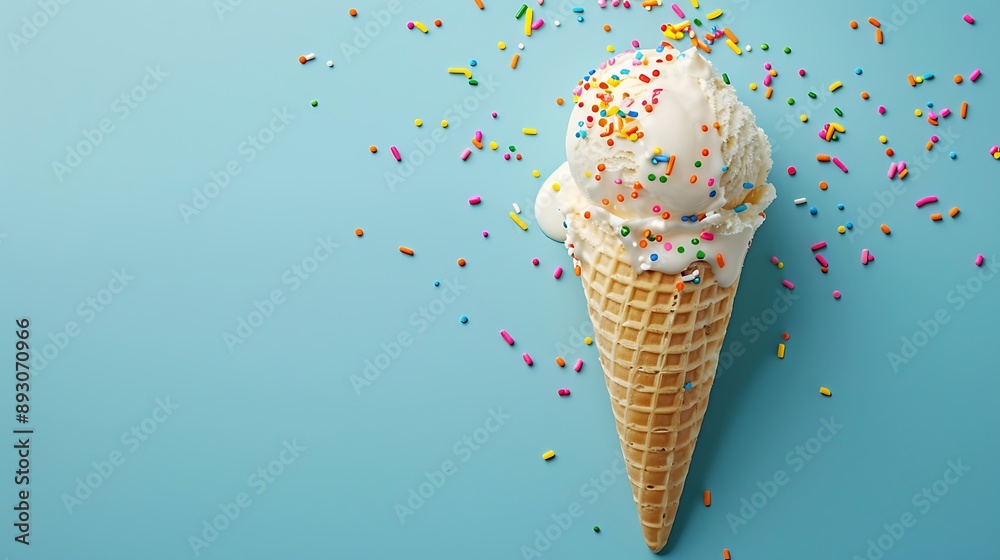 Vanilla ice cream with rainbow sprinkles on blue background Vanilla ice cream with rainbow sprinkles on blue background