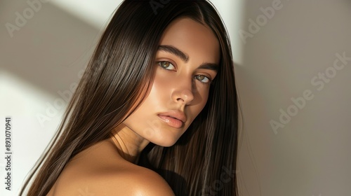 Brunette model with long, shiny hair, keratin treatment results, smooth and sleek hairstyle