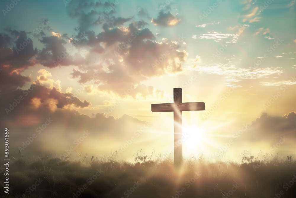 Bible series-the silhouette of a hillside cross with wild flowers Bible series-the silhouette of a hillside cross with wild flowers