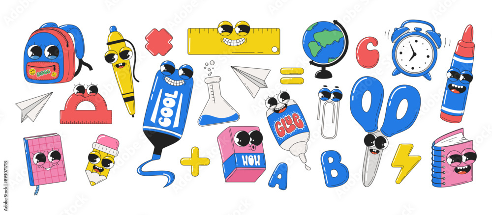 Set of school supplies in groovy style. Retro characters with face in style of 60s 70s. Vector illustration. Set of school supplies in groovy style. Retro characters with face in style of 60s 70s. Vector illustration.
