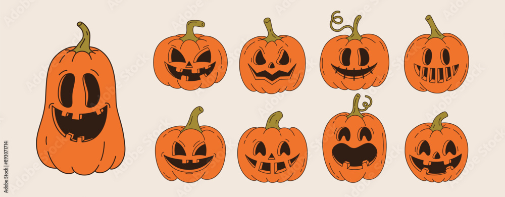 Set of Halloween retro pumpkin in groovy style. Funny orange pumpkin with smile. Vector illustration. Set of Halloween retro pumpkin in groovy style. Funny orange pumpkin with smile. Vector illustration.