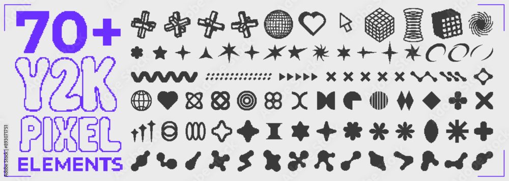Set of pixelated y2k style shapes with heart, globe. Pixel art abstract figures collection. Retro futuristic elements in 8 bit style Set of pixelated y2k style shapes with heart, globe. Pixel art abstract figures collection. Retro futuristic elements in 8 bit style