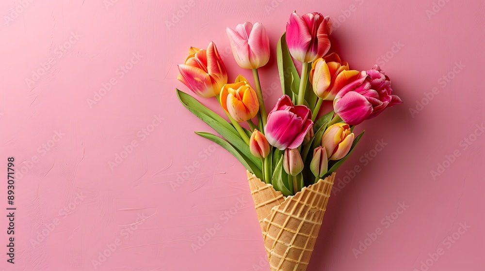 Obraz premium Wafer cone with tulips on a pink background