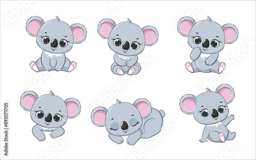 Set of cute baby koala in different poses. Vector illustration.