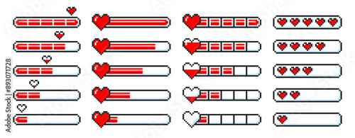 Pixel game life bar with heart for animation. 8-bit progress bar for game assets. Vector illustration.