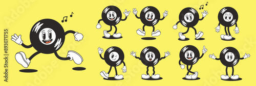 Retro cartoon character of vinyl record. Music streaming service icon, recording store logo. Vector illustration.