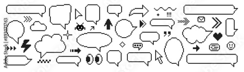 8 bit pixel speech bubbles and dialog boxes with arrows. Message icons for computer game. Vector illustration.