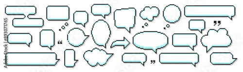 8 bit pixel speech bubbles and dialog boxes. Message icons for computer game. Vector illustration.
