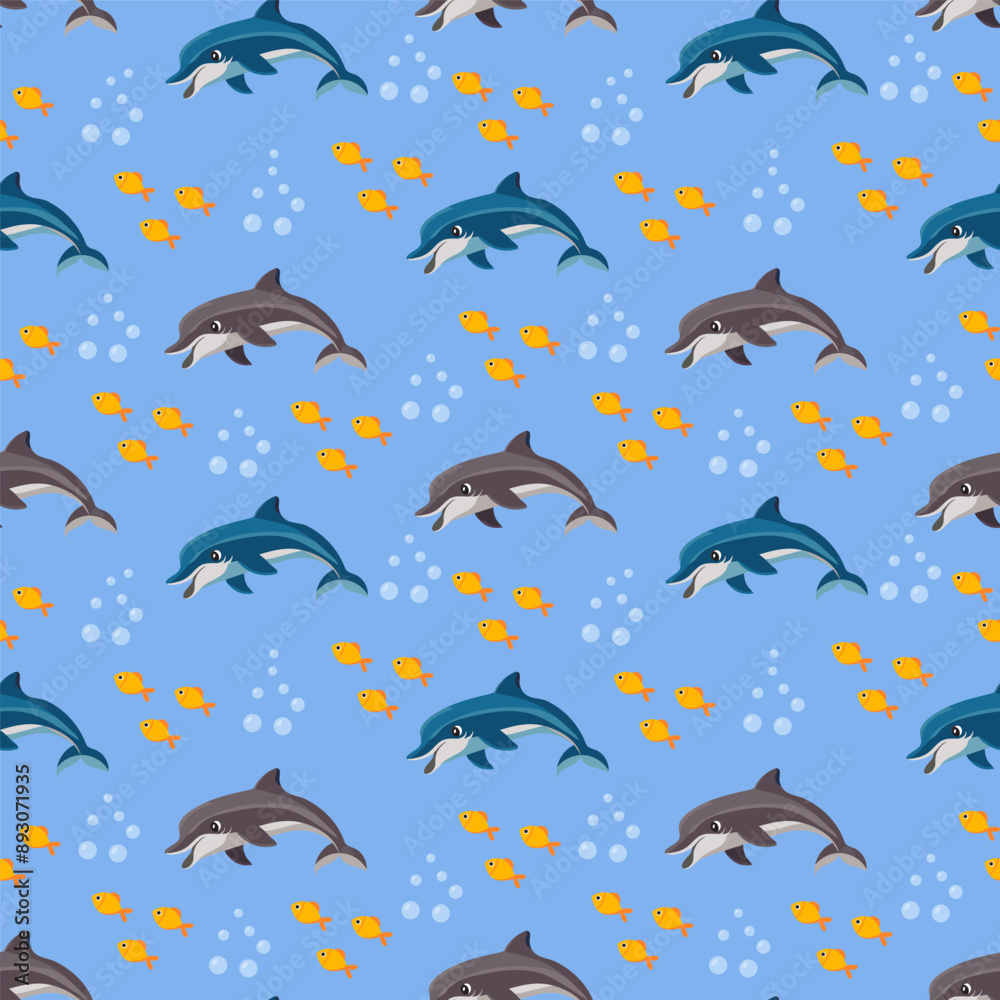 Marine seamless pattern hand-drawn. Dolphins and fish swim in the ocean. Marine seamless pattern hand-drawn. Dolphins and fish swim in the ocean.
