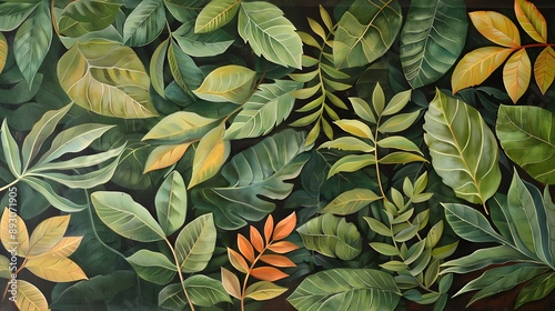 Green and orange leaves are arranged beautifully.