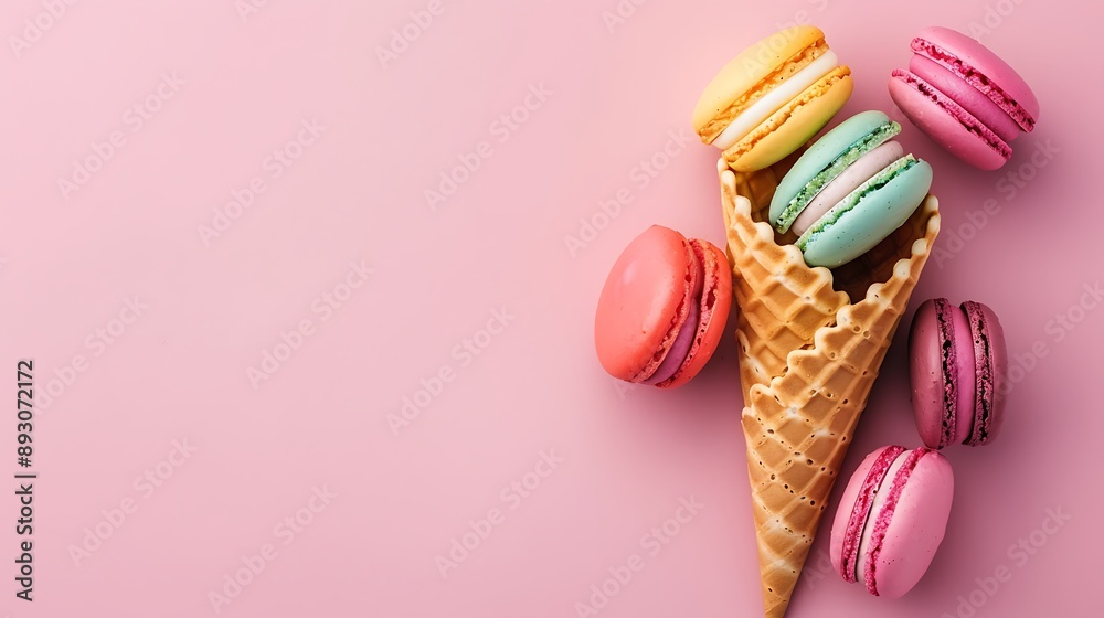 Obraz premium Waffle cone with colorful macaron or macaroon on pink pastel background