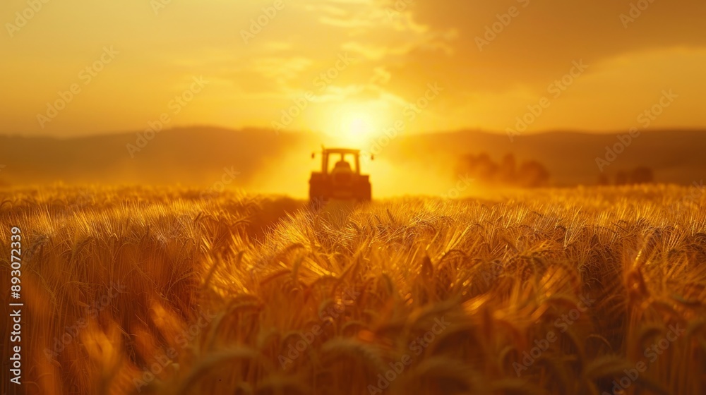 Fototapeta premium A Tractor Is Driving Through a Field at Sunset With the Sun in the Background - Generative AI