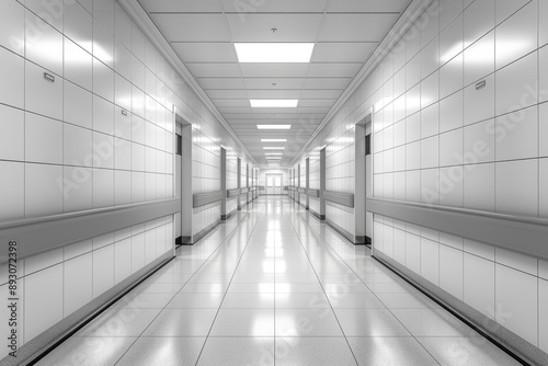 long empty hospital corridor with white walls and bright lighting, symbolizing sterility, medical care, order, and a clinical atmosphere, evoking professionalism and cleanliness photo