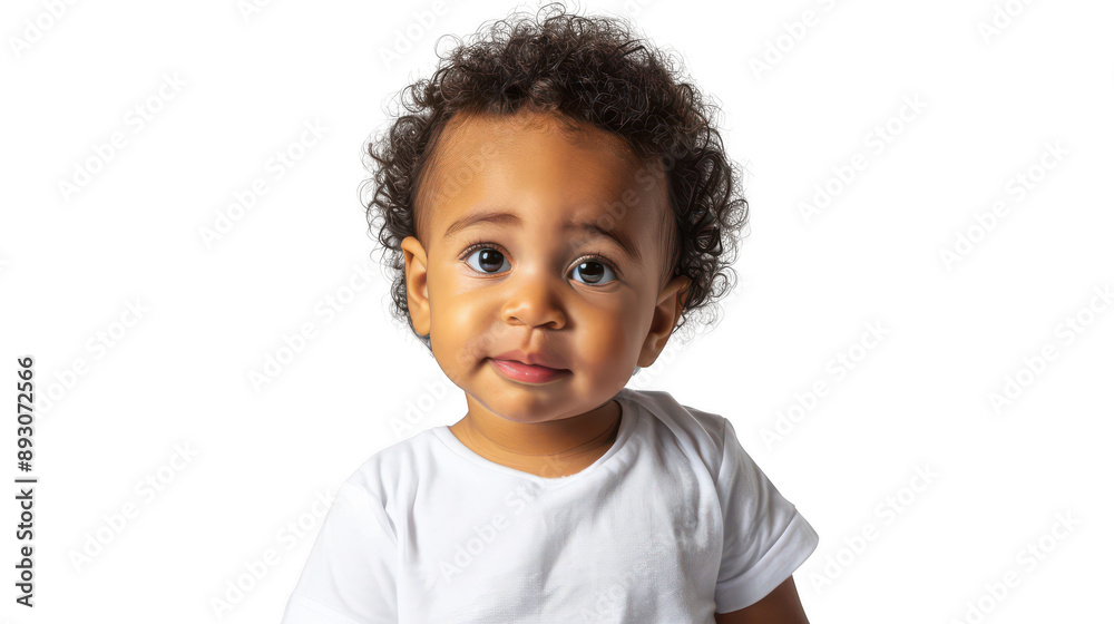 Half body portrait of a curious Moroccan toddler in a white T-shirt Half body portrait of a curious Moroccan toddler in a white T-shirt