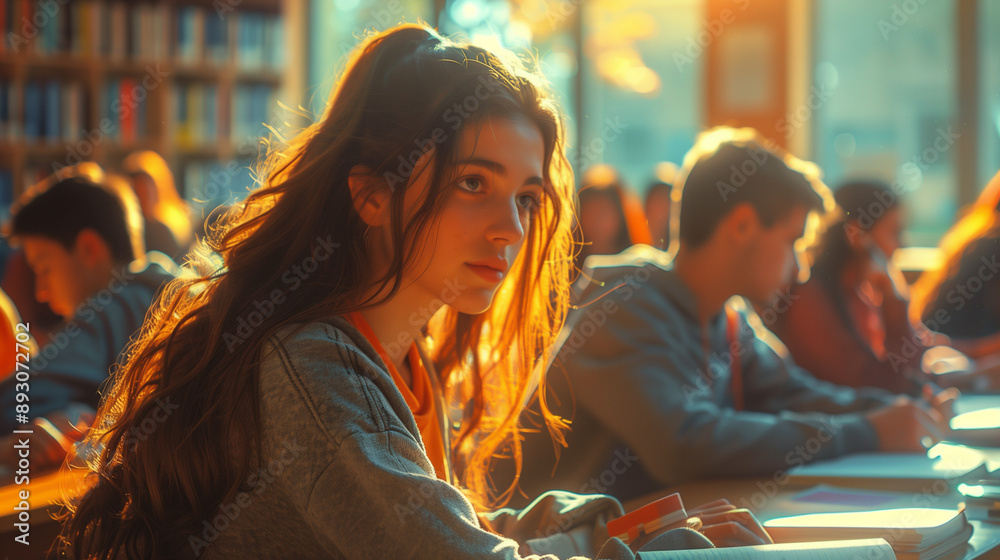Focused Student in Sunlit Classroom Focused Student in Sunlit Classroom