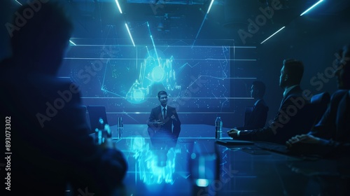 Business Executive Working in High-Tech Control Room - Surrounded by Multiple Screens with Real-Time Data and Neon Lights. Futuristic Feel.