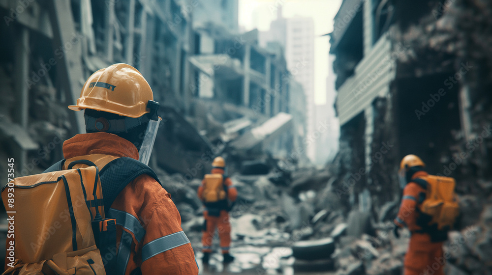 A emergency response team in hard hats and gear, setting up a temporary shelter in a disaster-struck area. The scene includes damaged buildings and first responders coordinate their efforts A emergency response team in hard hats and gear, setting up a temporary shelter in a disaster-struck area. The scene includes damaged buildings and first responders coordinate their efforts