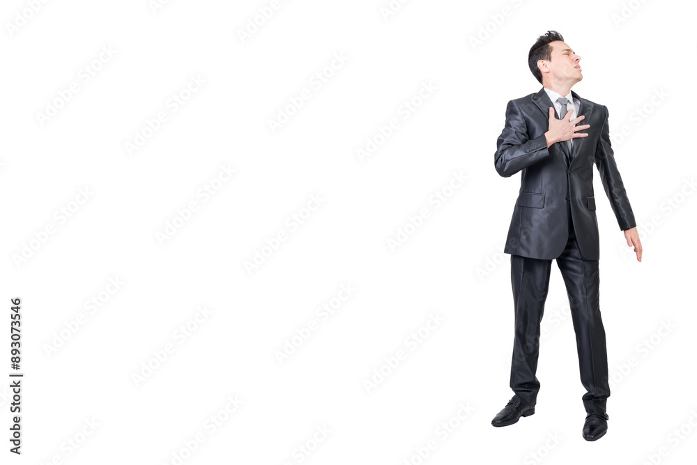 Funny man in suit feeling heartache in studio Funny man in suit feeling heartache in studio