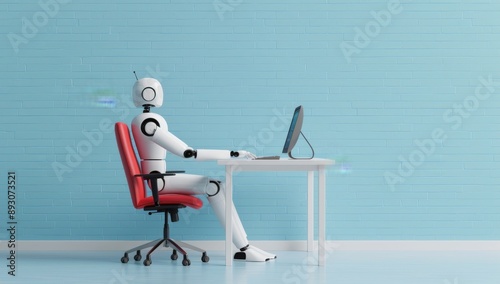 white humanoid robot sitting at a desk and working on a computer, in a minimalist room with light blue tile