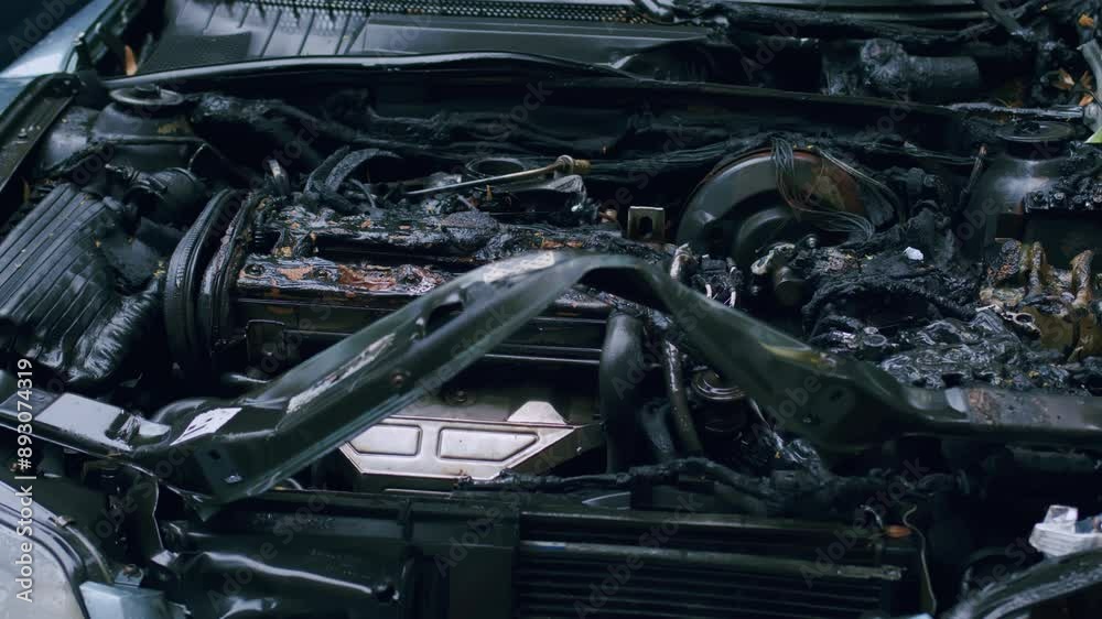 Burnt car engine with charred and melted parts, severe fire damage. Burnt car engine with charred and melted parts, severe fire damage.