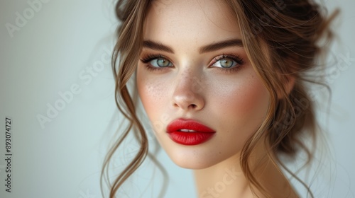 A Close up of a Woman's Face With Red Lipstick and Eyeshadow - Generative AI