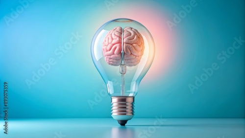 Illuminated brain within a delicate light bulb floats against a serene pastel blue and pink background, symbolizing innovative thinking and ideas.