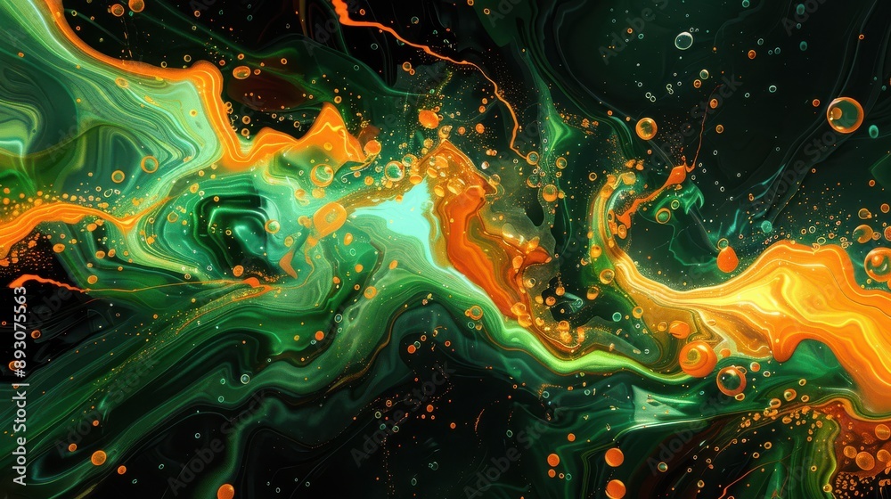 Vibrant explosion of orange and green liquids on a blurry dark background Vibrant explosion of orange and green liquids on a blurry dark background