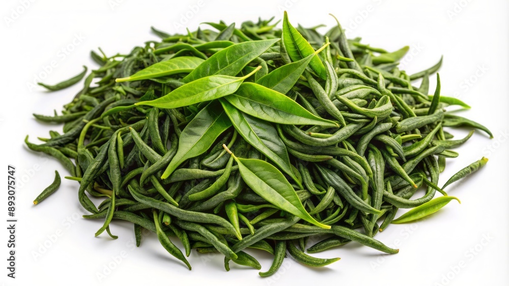 Freshly harvested green tea leaves perfectly arranged on a clear transparent background with delicate veins and subtle natural shadows. Freshly harvested green tea leaves perfectly arranged on a clear transparent background with delicate veins and subtle natural shadows.