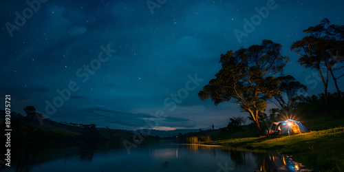 Acampamento à beira de um lago sereno sob uma noite estrelada photo