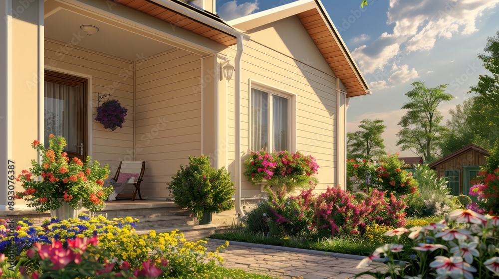 Hyper realistic suburb house with beige exterior, showcasing a charming front porch and vibrant flowers in the garden, exuding a cozy neighborhood feel. Hyper realistic suburb house with beige exterior, showcasing a charming front porch and vibrant flowers in the garden, exuding a cozy neighborhood feel.
