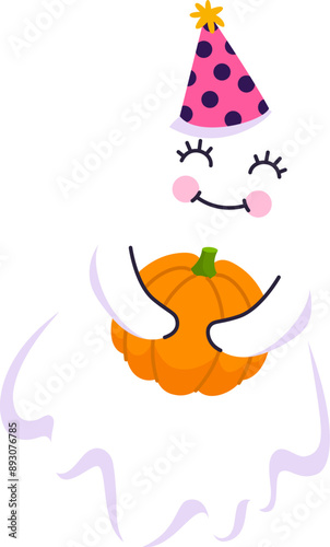Funny cartoon Halloween kawaii ghost character wearing playful party hat and pumpkin in hands, adding a charming twist to spooky holiday. Adorable, cute vector spook captures the spirit of season