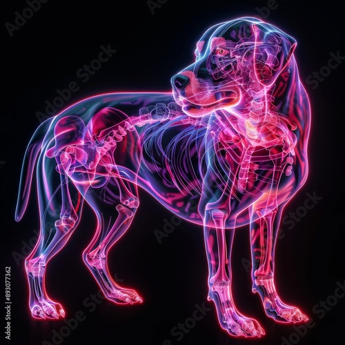 Wallpaper Mural Futuristic Cyberpunk X-Ray of Dog's Internal Organs in Neon Pink and Purple - Detailed 3D Illustration with Vibrant Colors Torontodigital.ca
