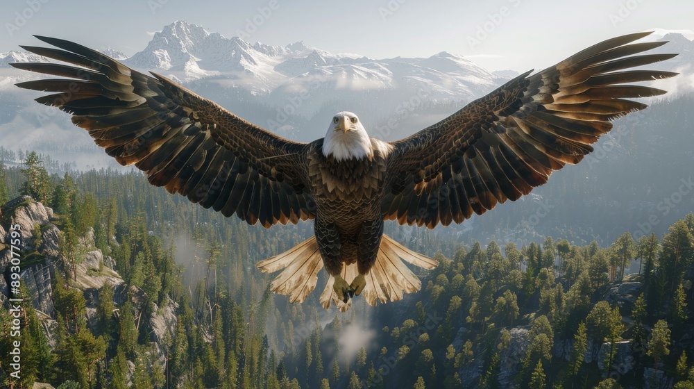 Obraz premium A Bald Eagle Soaring Over a Forested Mountain Range in the Distance With Snow Capped Peaks in the Foreground - Generative AI