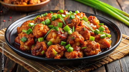 Vibrant, steaming plate of Indian Chinese Gobi Manchurian dish, crispy cauliflower florets in savory brown sauce, topped with green onions.