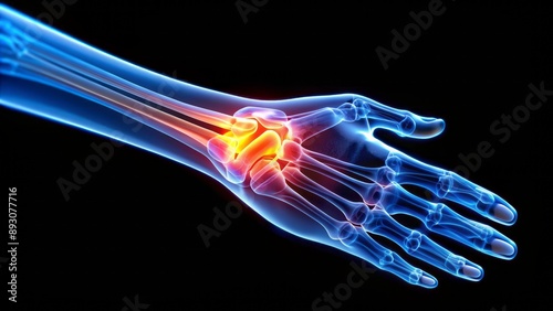 Fototapeta Naklejka Na Ścianę i Meble -  Vibrant 3D X-ray image of a bent wrist joint highlighting cubital tunnel syndrome, with a hand pressing on the painful ulnar nerve.