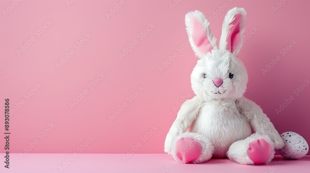 Obraz premium White easter bunny toy on pink background