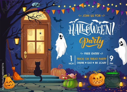Halloween party flyer with door porch, pumpkins, scary ghosts and sweets bucket with black cat sit on stairs. Vector invitation poster for celebration trick or treat night with decorated holiday home