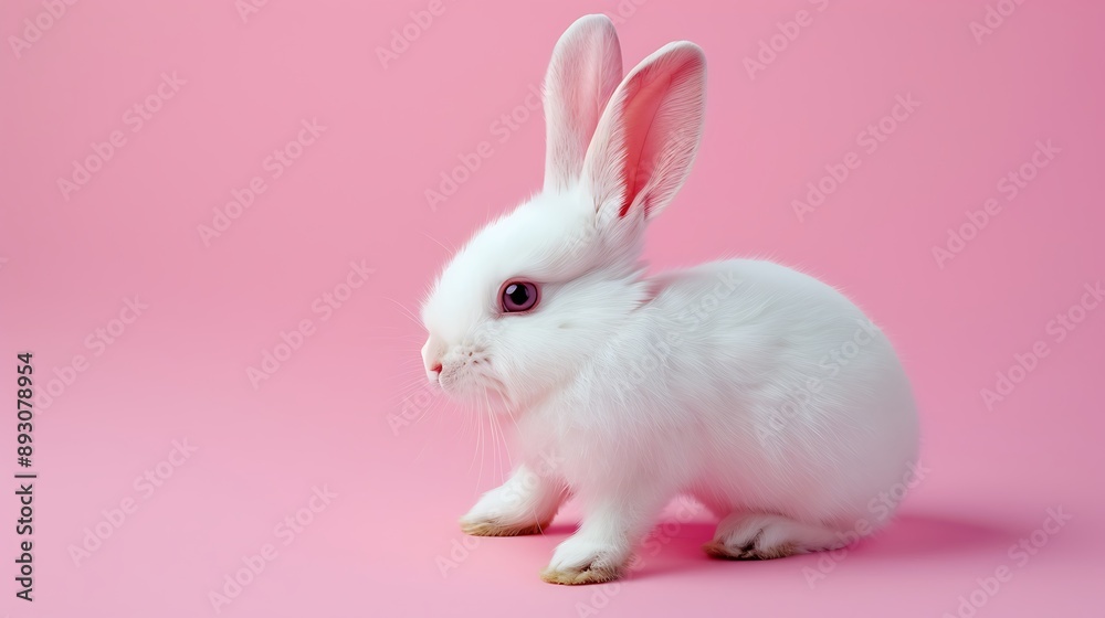 White ester bunny rabbit with pink ears on pink background White ester bunny rabbit with pink ears on pink background